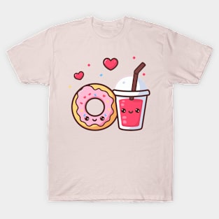 Kawaii Donut and Strawberry Drink with Hearts | Cute Food Art in Kawaii Style T-Shirt